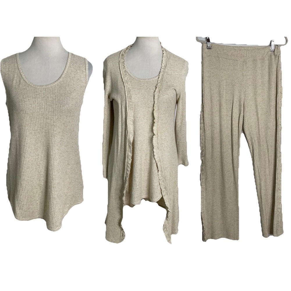 Trouble‎ at the Mill 3pc Pant Long Cardigan Tank Pants Waffle Knit Set Tan M